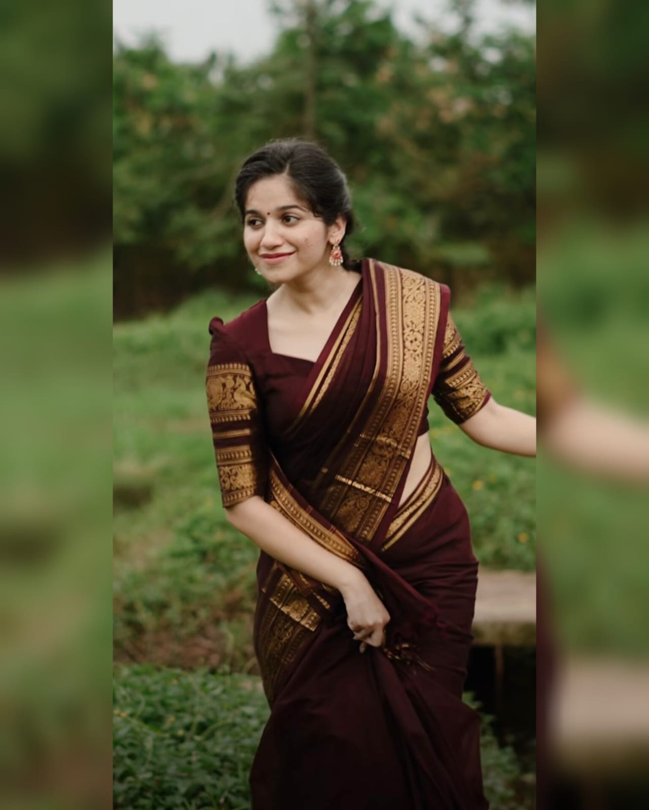Premium Kanchi Pure Cotton Brown Saree with Gold Peacock Zari Border