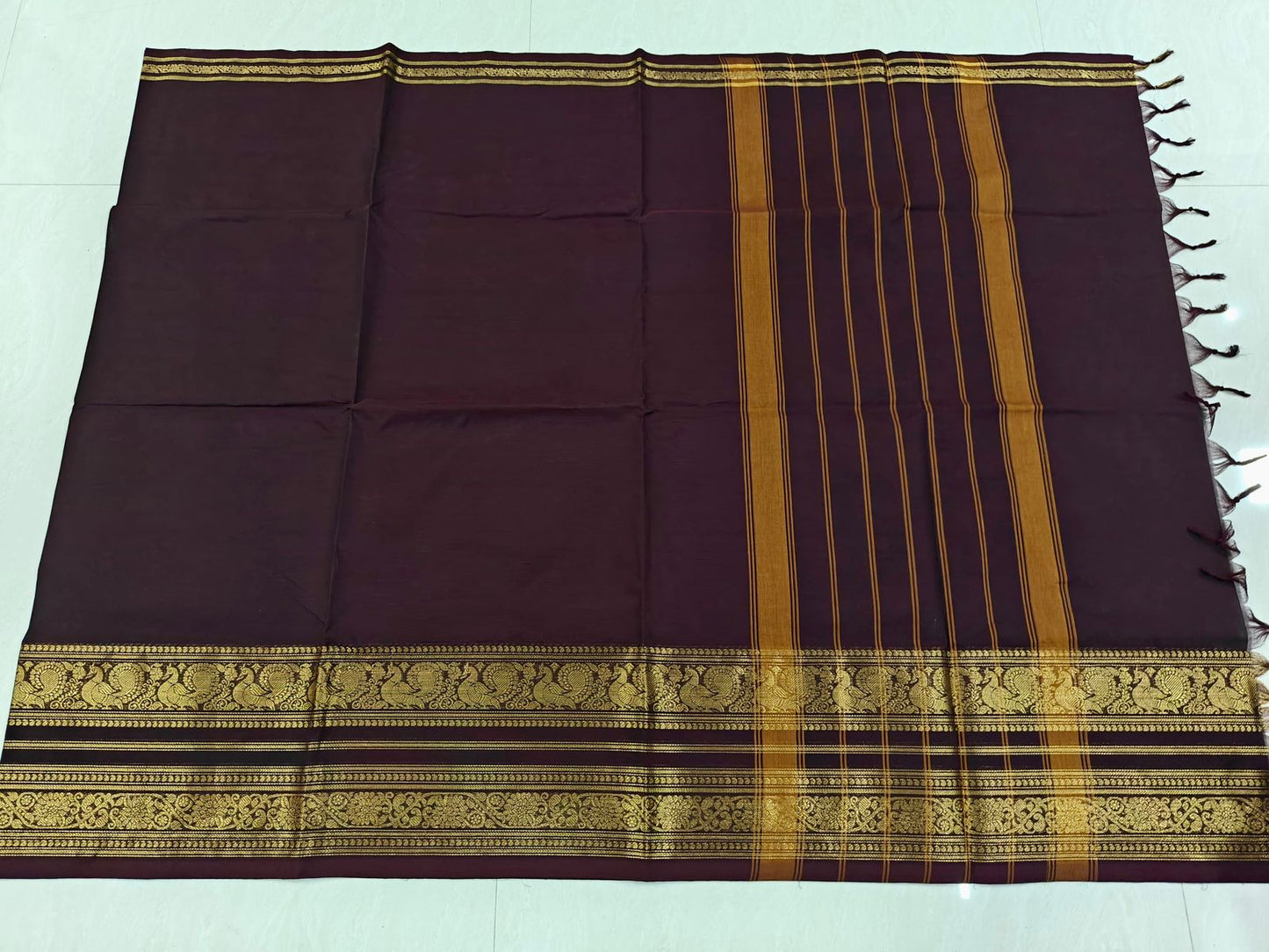 Premium Kanchi Pure Cotton Brown Saree with Gold Peacock Zari Border