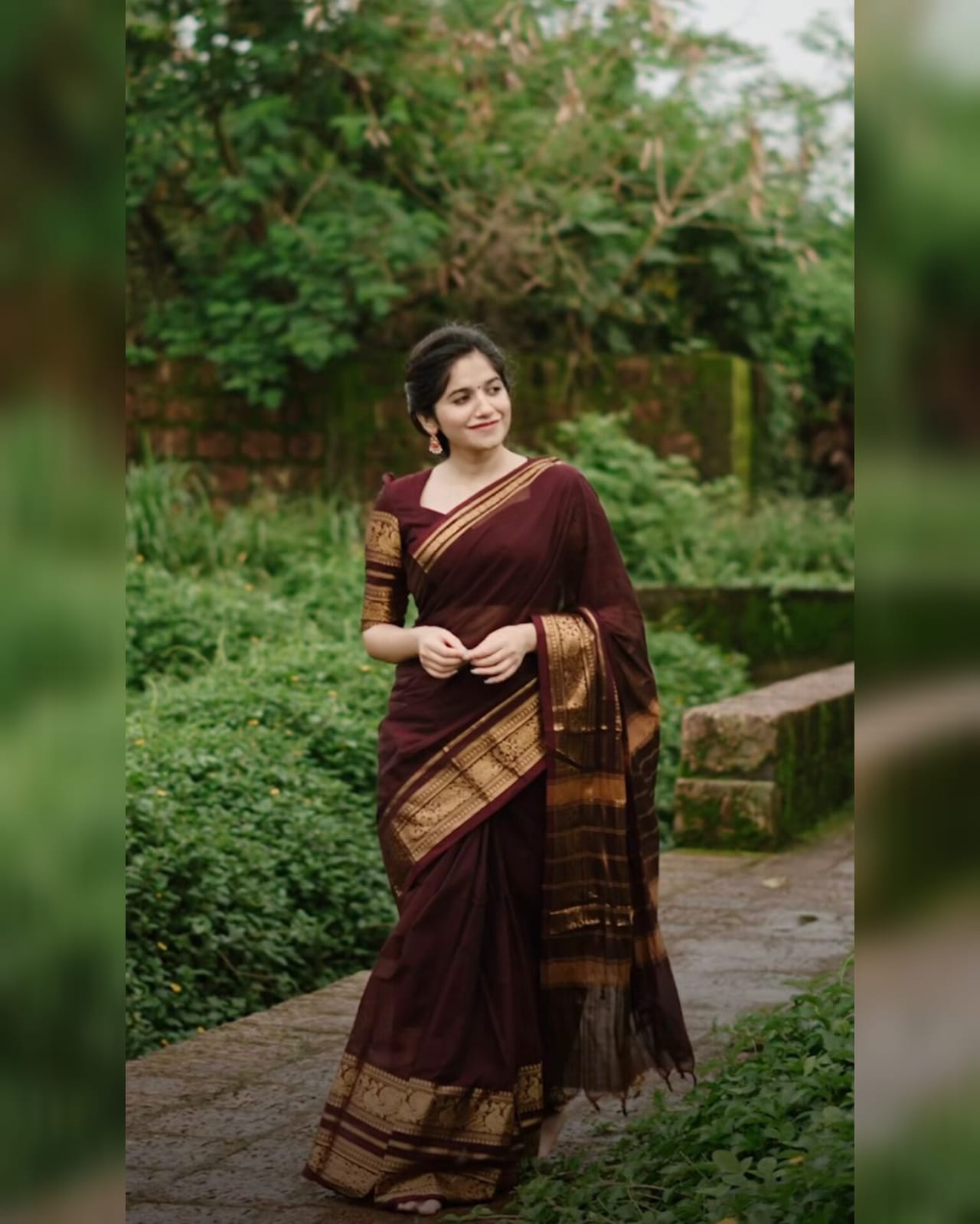 Premium Kanchi Pure Cotton Brown Saree with Gold Peacock Zari Border