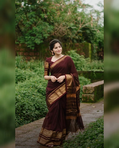 Premium Kanchi Pure Cotton Brown Saree with Gold Peacock Zari Border