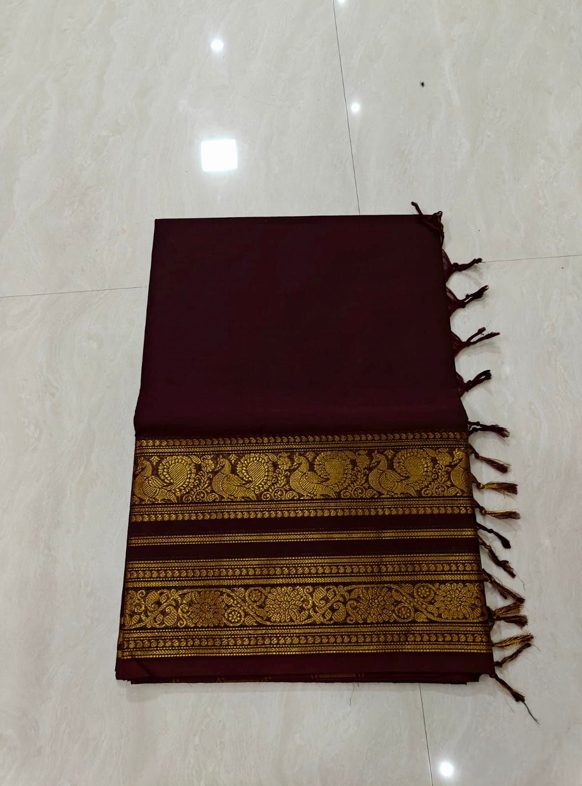 Premium Kanchi Pure Cotton Brown Saree with Gold Peacock Zari Border
