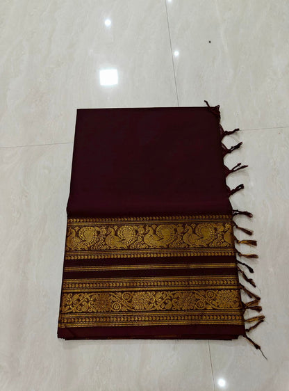 Premium Kanchi Pure Cotton Brown Saree with Gold Peacock Zari Border
