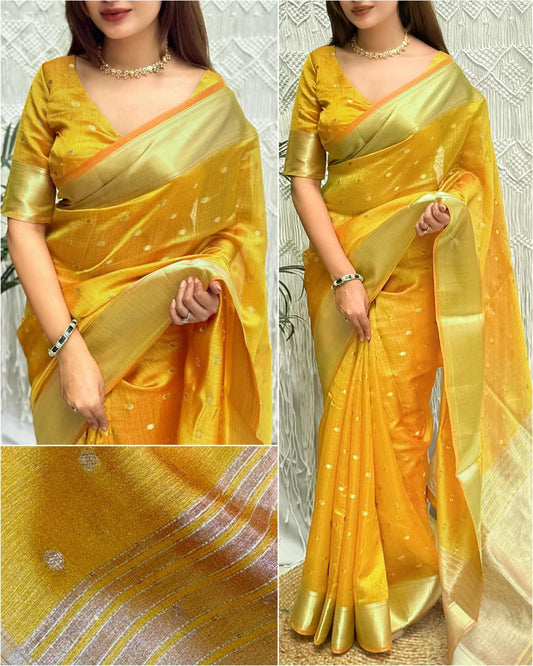 Surili Mustard Banarasi Organza Silk Saree with Zari Border