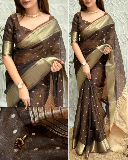 Surili Coffee Brown Banarasi Organza Silk Saree with Zari Border