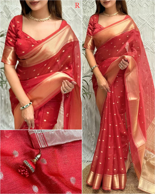 Surili Red Banarasi Organza Silk Saree with Zari Border