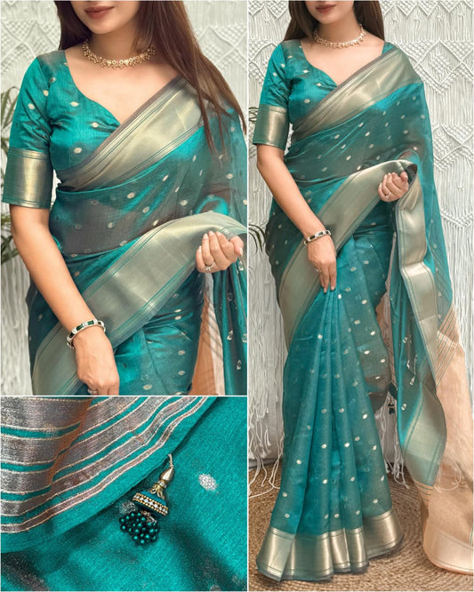 Surili Teal Blue Banarasi Organza Silk Saree with Zari Border