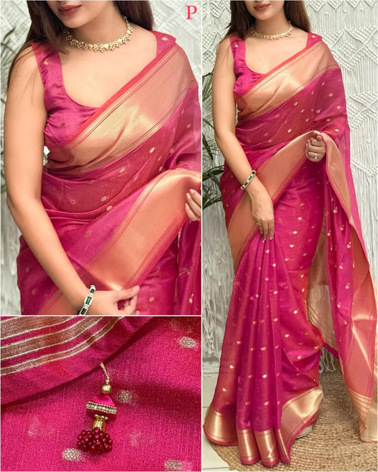 Surili Rani Pink Banarasi Organza Silk Saree with Zari Border