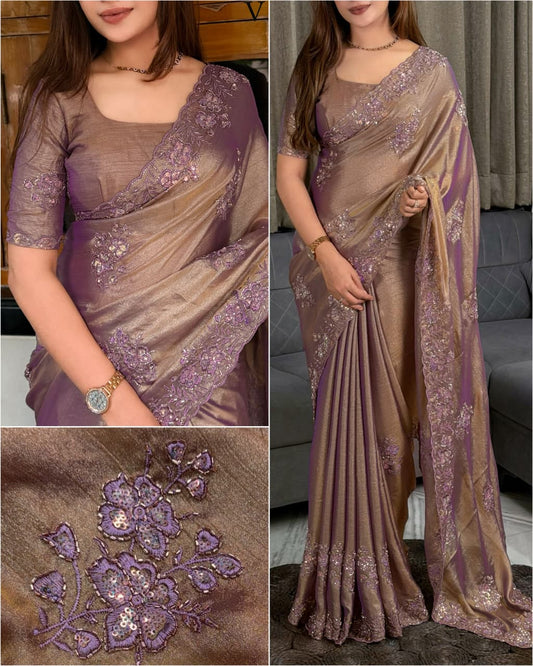 Mariya Mauve Taupe Meeri Gold Saree with Sequins Beads Embroidery