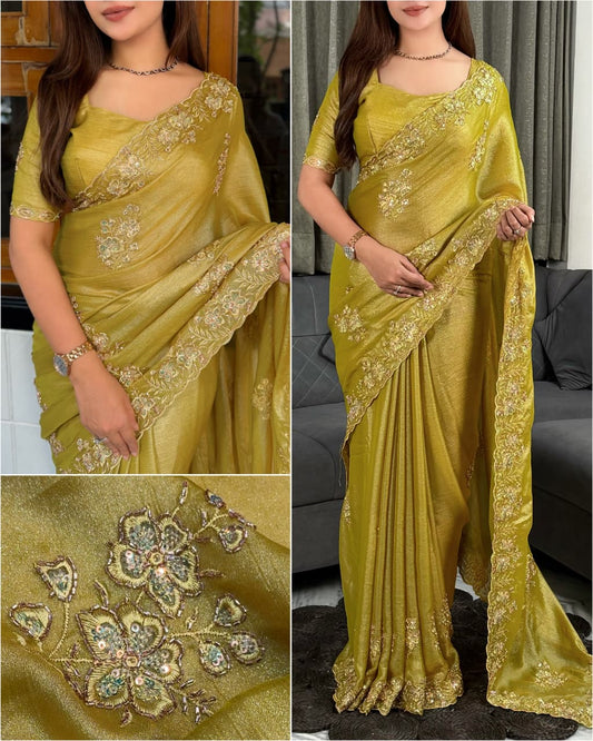Mariya Meeri Gold Saree with Sequins Beads Embroidery