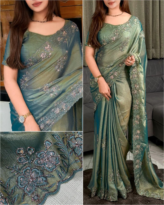 Mariya Sage Green Meeri Gold Saree with Sequins Beads Embroidery