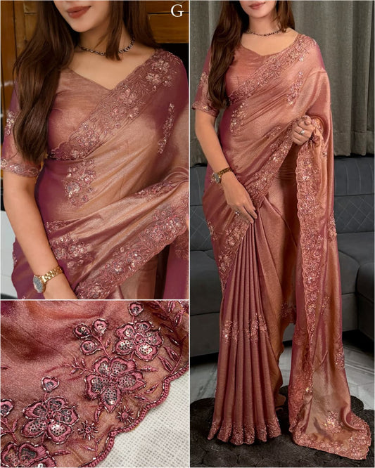 Mariya Dusty Rose Meeri Gold Saree with Sequins Beads Embroidery