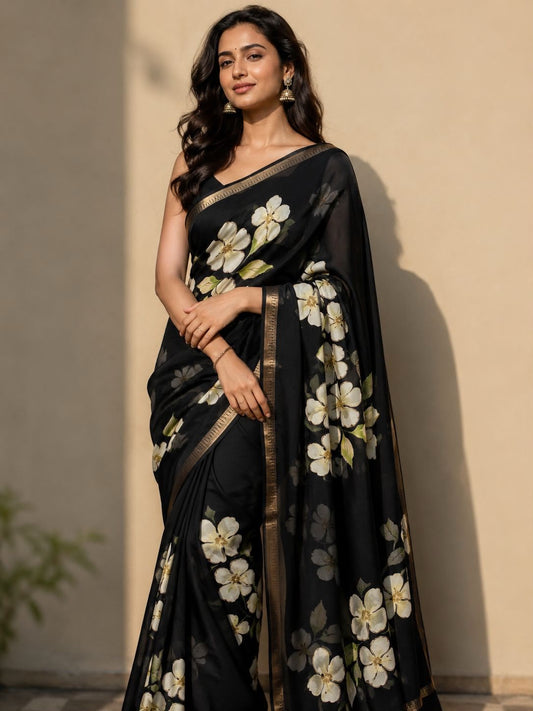Black Pure Soft Marshmallow 3D Floral Printed Saree