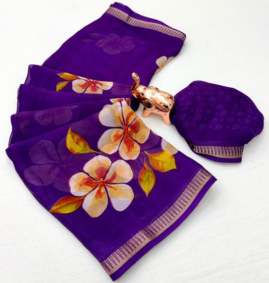 Royal Purple Pure Soft Marshmallow 3D Floral Printed Saree