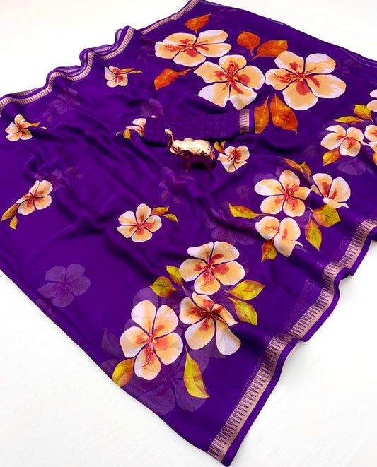 Royal Purple Pure Soft Marshmallow 3D Floral Printed Saree