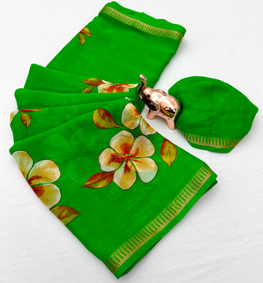 Parrot Green Pure Soft Marshmallow 3D Floral Printed Saree