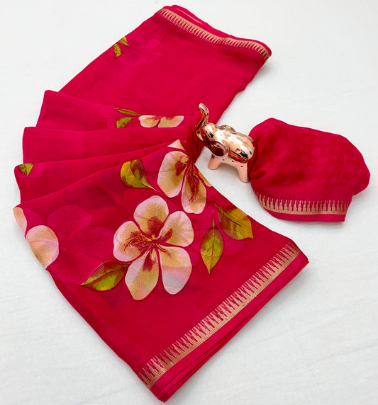 Rani Pink Pure Soft Marshmallow 3D Floral Printed Saree