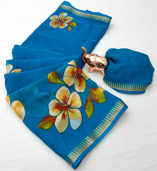 Sky Blue Pure Soft Marshmallow 3D Floral Printed Saree