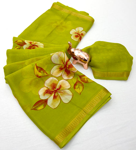 Lime Green Pure Soft Marshmallow 3D Floral Printed Saree
